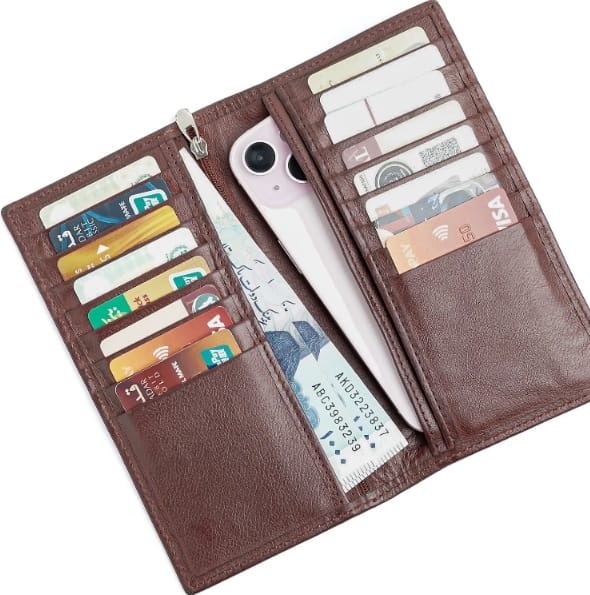 The Marshal Long Wallet open, showing five card slots and a phone pocket