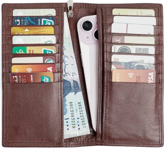 The Marshal Long Wallet open, holding a phone, cards and cash