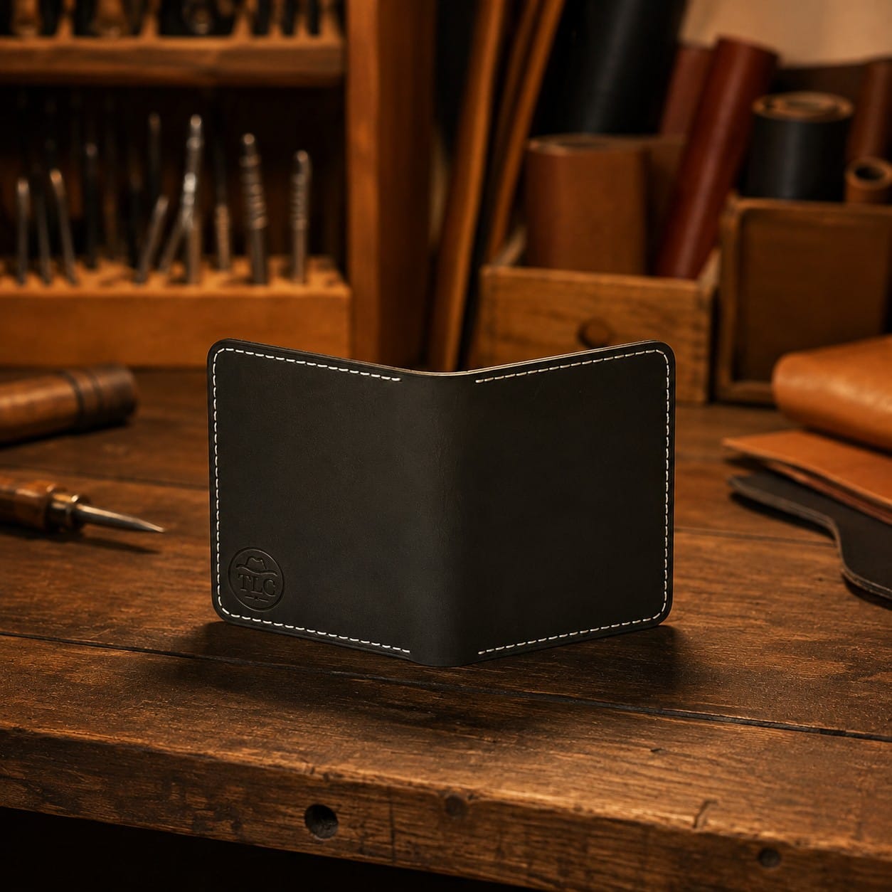 TLC Artisan Edge Wallet styled on a leatherworking bench