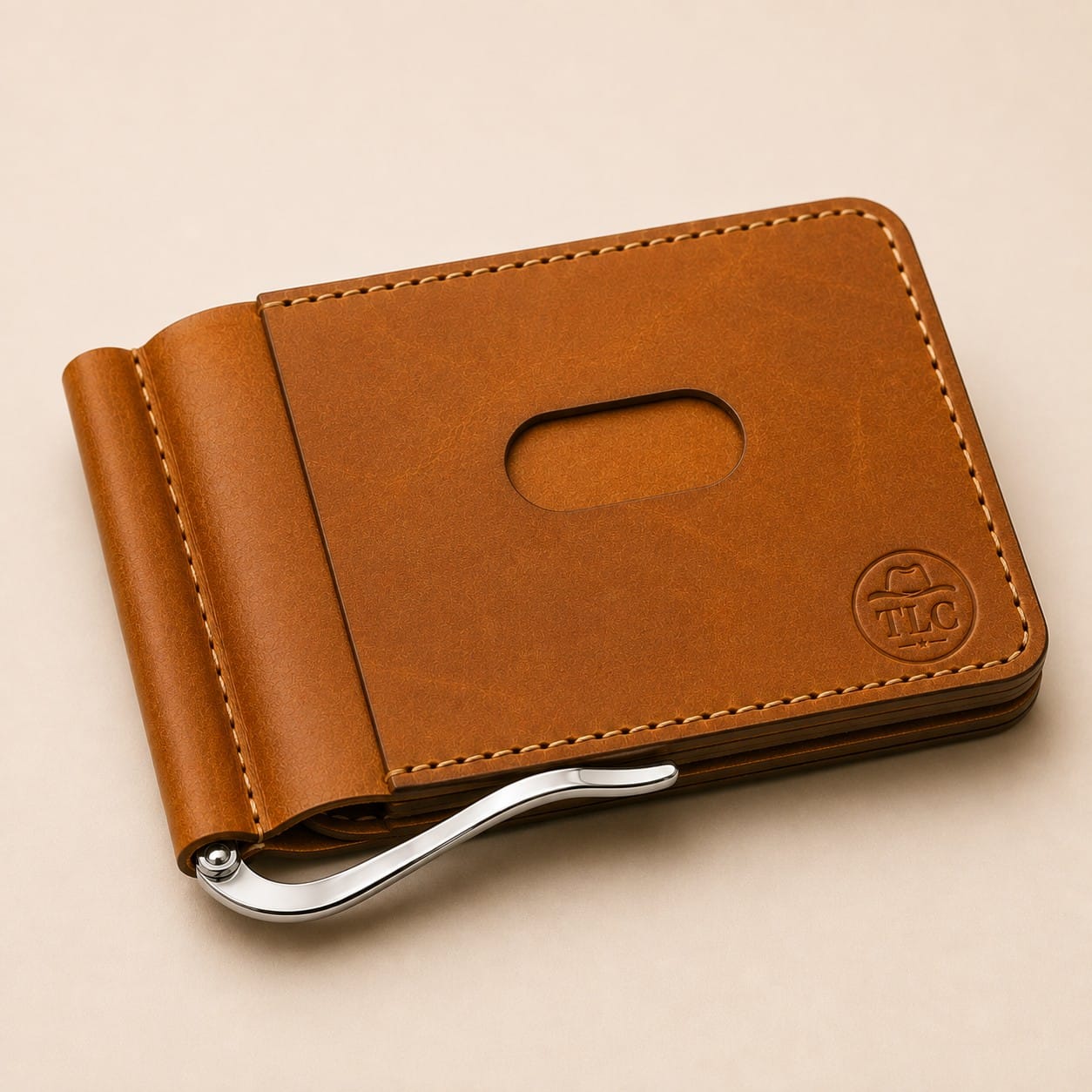 TLC Heritage Craft Money Clip Wallet in tan-cognac leather, closed three-quarter view