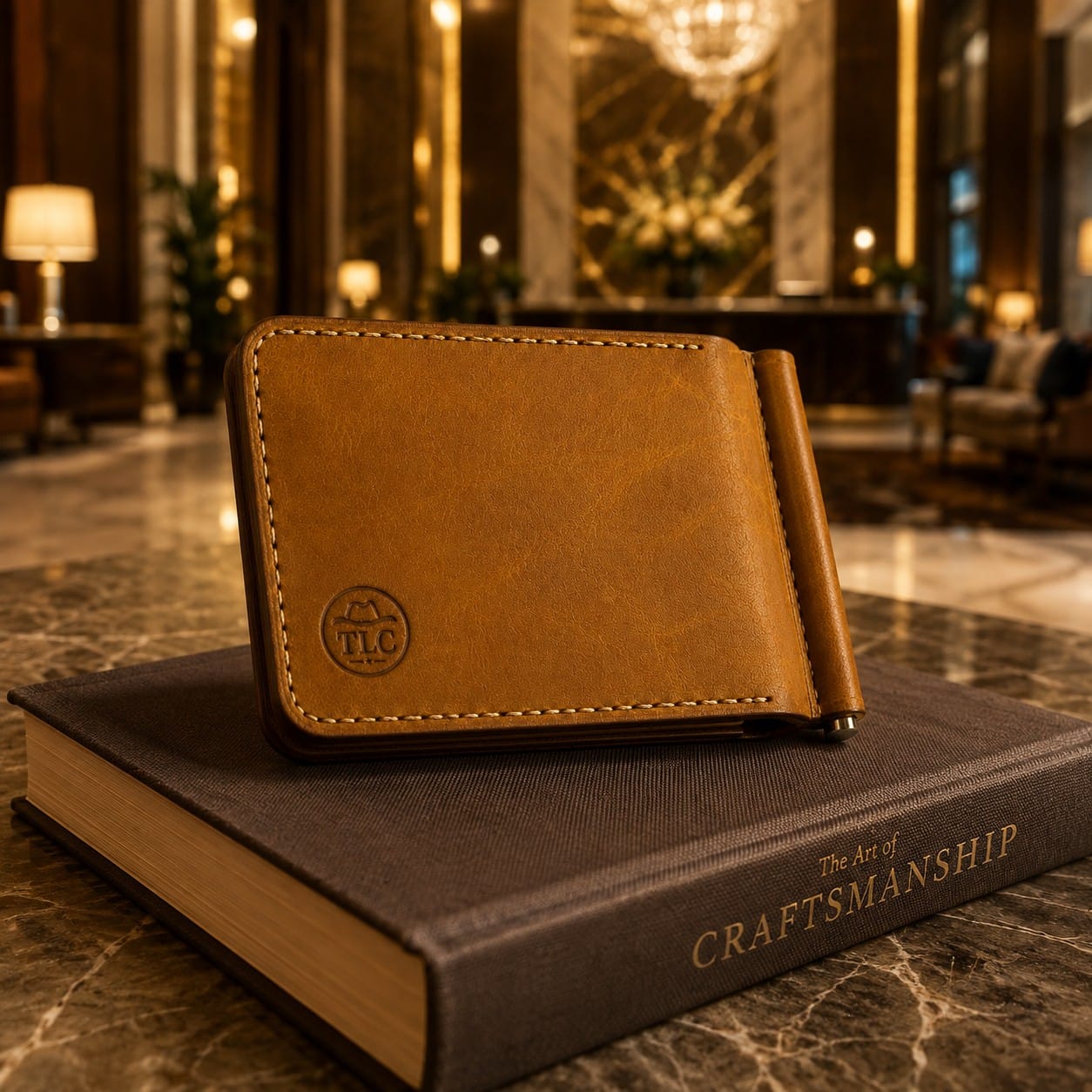 TLC Heritage Craft Money Clip Wallet styled on a book in a lobby setting