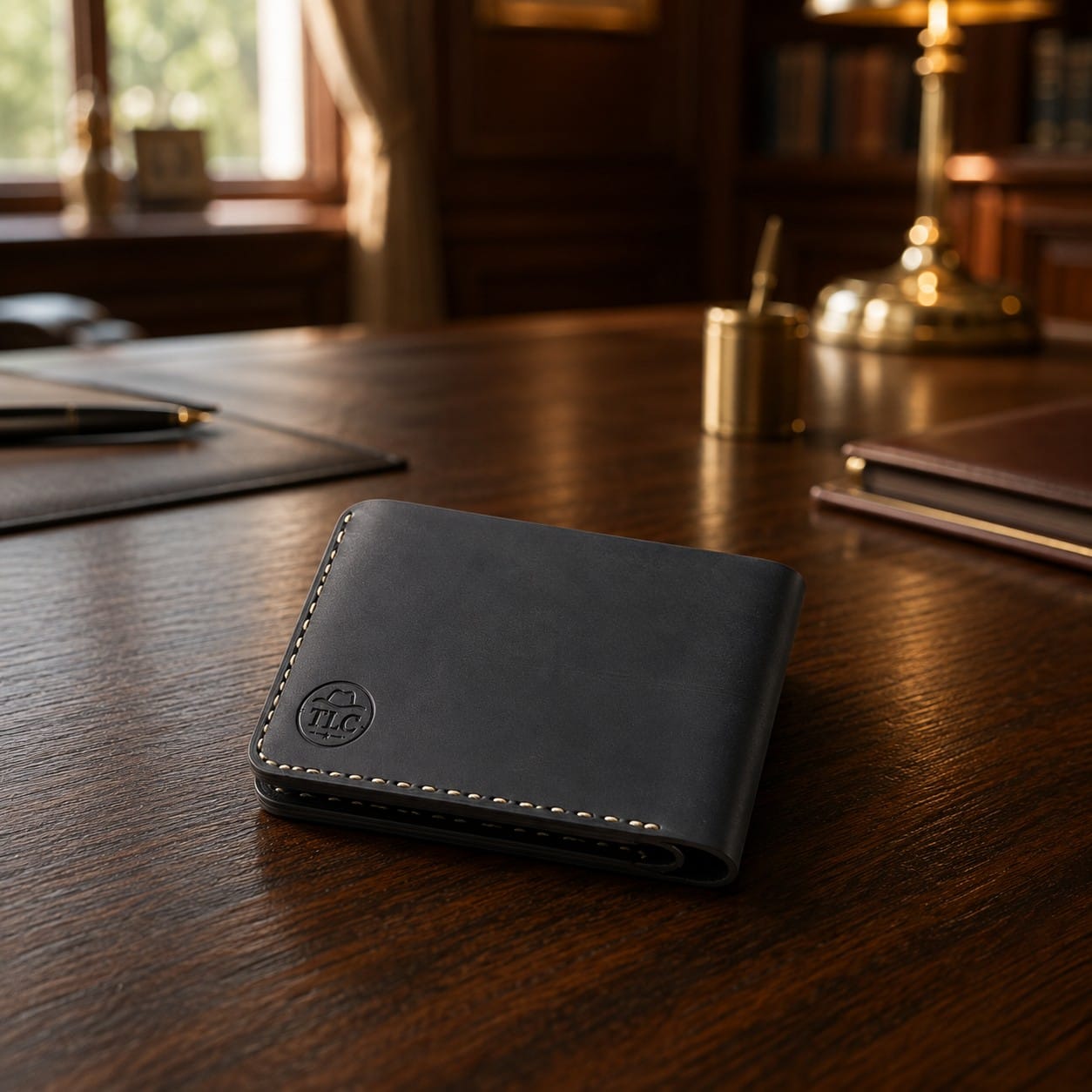 TLC Heritage Edge Bifold Wallet styled on a study desk
