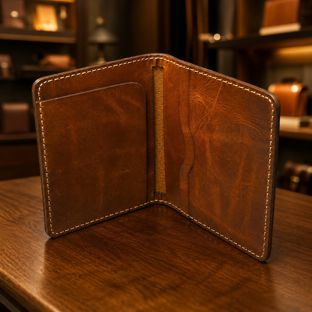 TLC Heritage Fold Wallet open, styled against a boutique interior