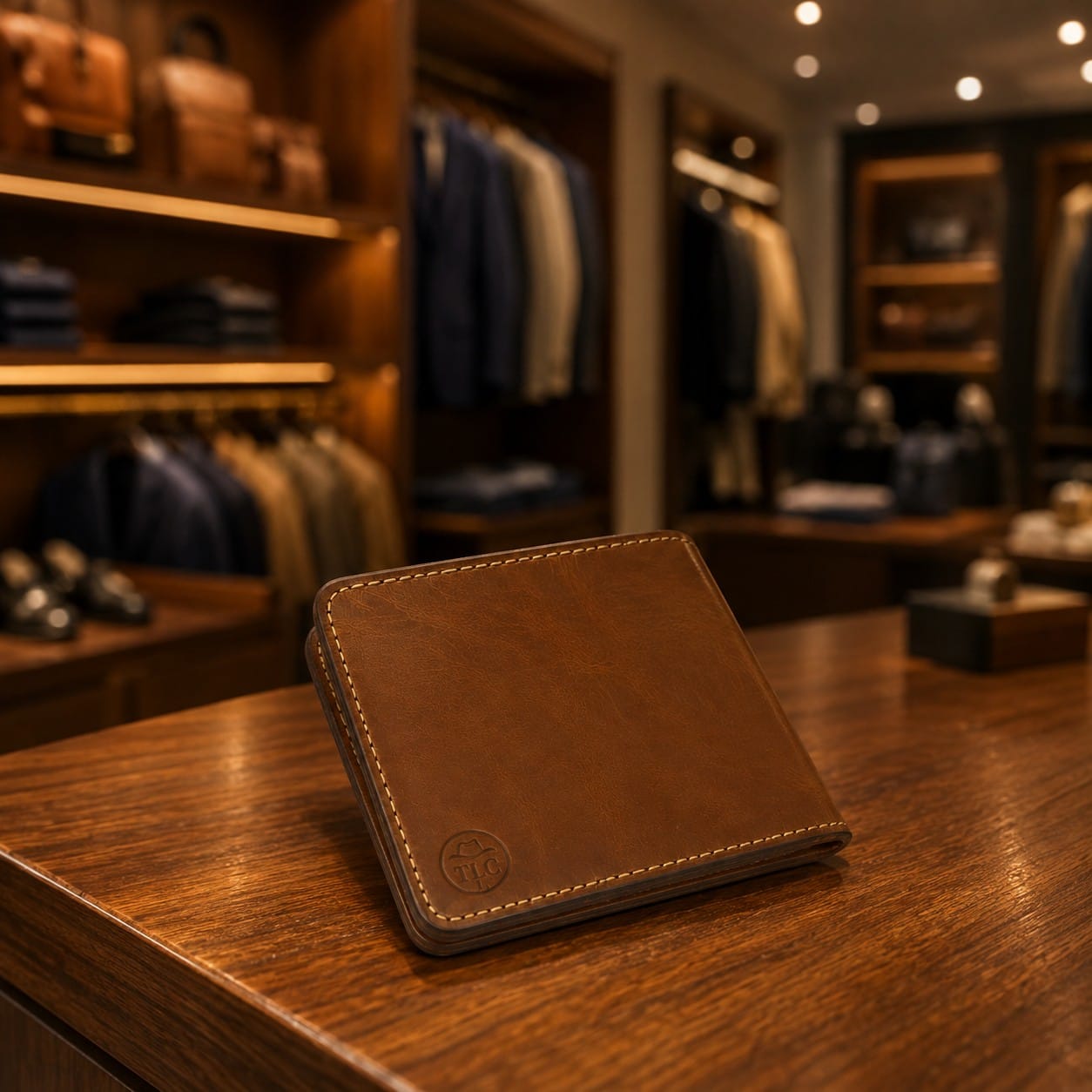TLC Heritage Fold Wallet styled on a counter in a menswear store