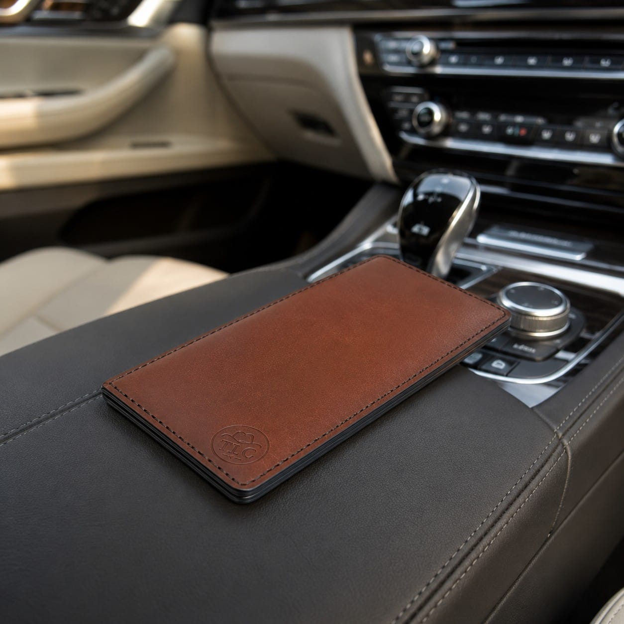 TLC Heritage Leather Folio styled inside a car interior