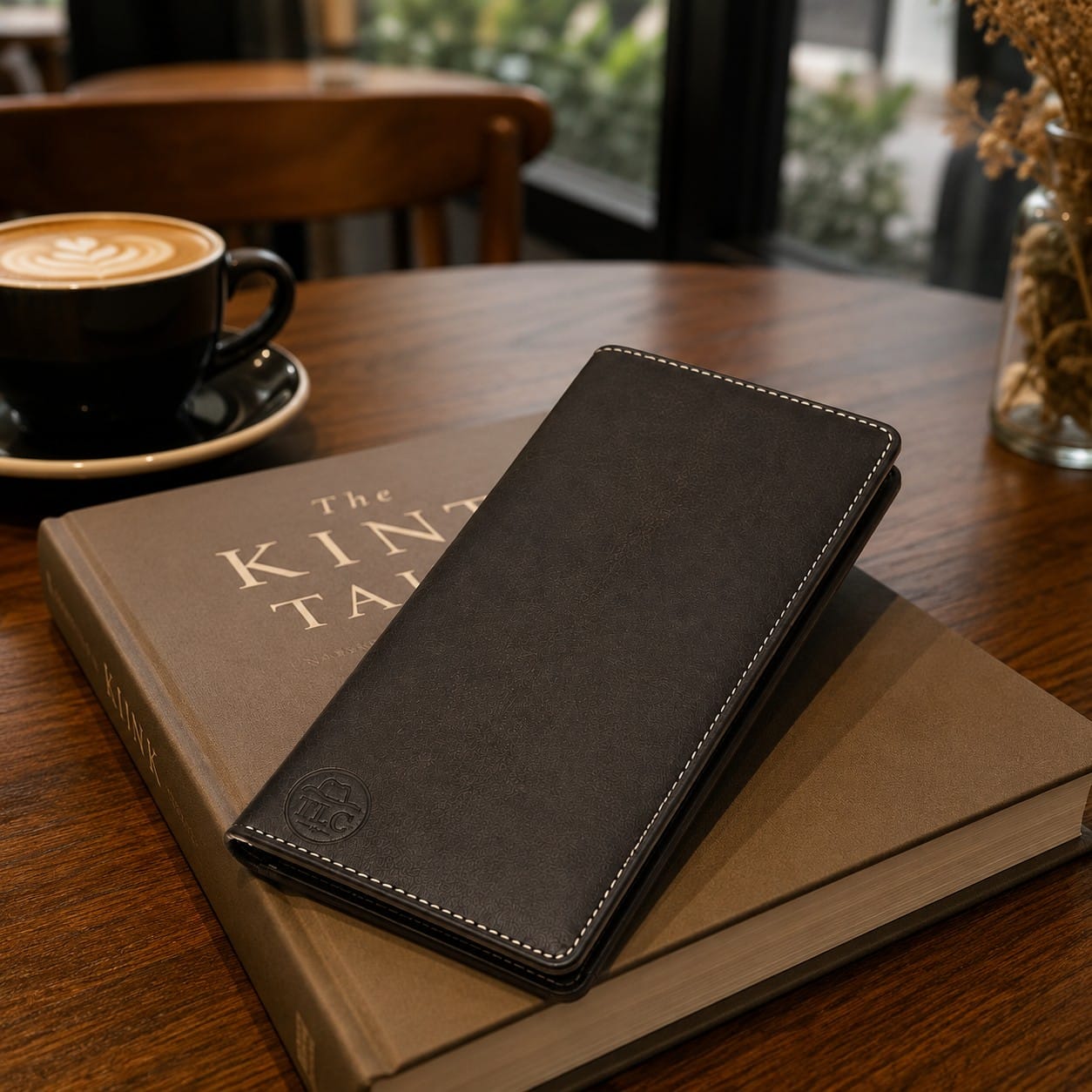 TLC Heritage Long Folio Wallet styled on books at a café table