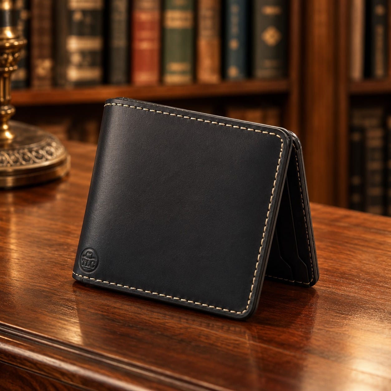 TLC Heritage Noir Bifold Wallet styled in front of a library bookshelf