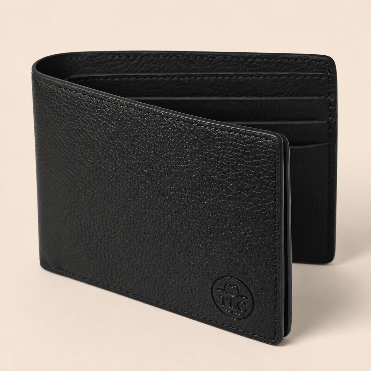 TLC Noir Classic Bifold Wallet standing open at an angle