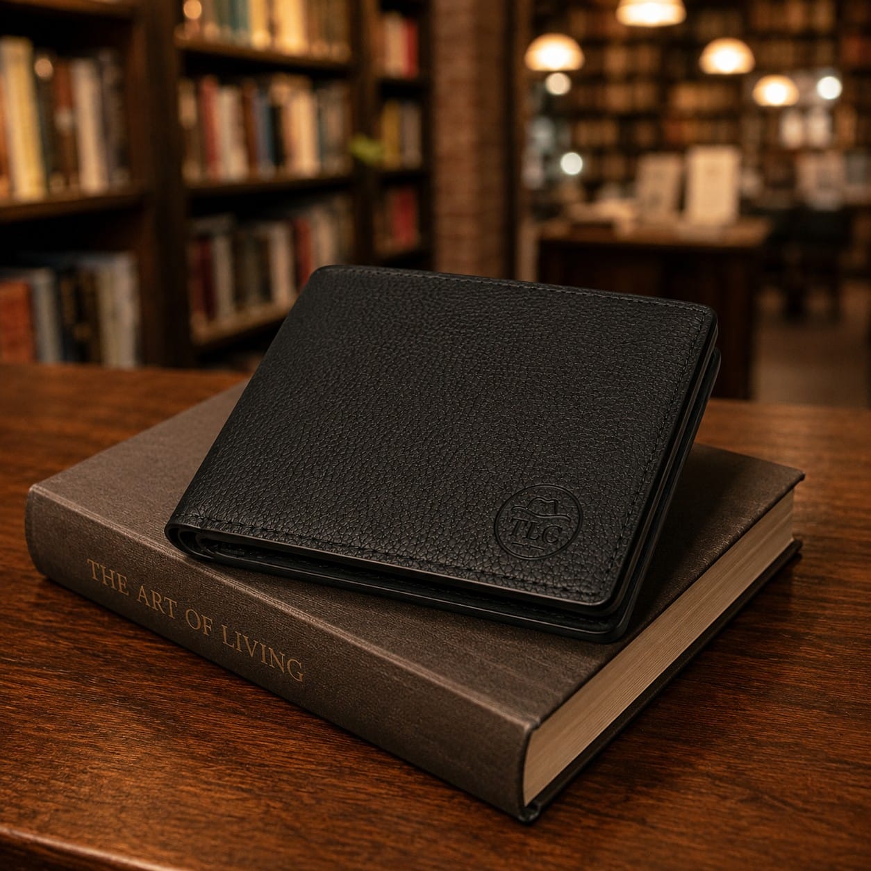 TLC Noir Classic Bifold Wallet styled on a library table